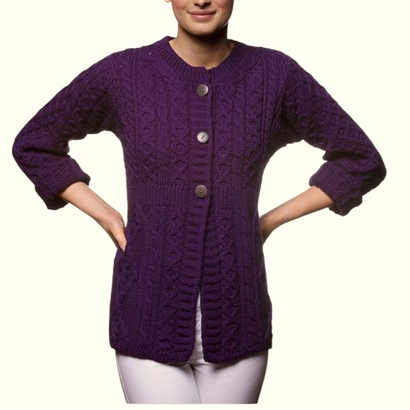 Kilronan Irish 100% Wool Cable Knit Cardigan Purple Size XS - Picture 9 of 11